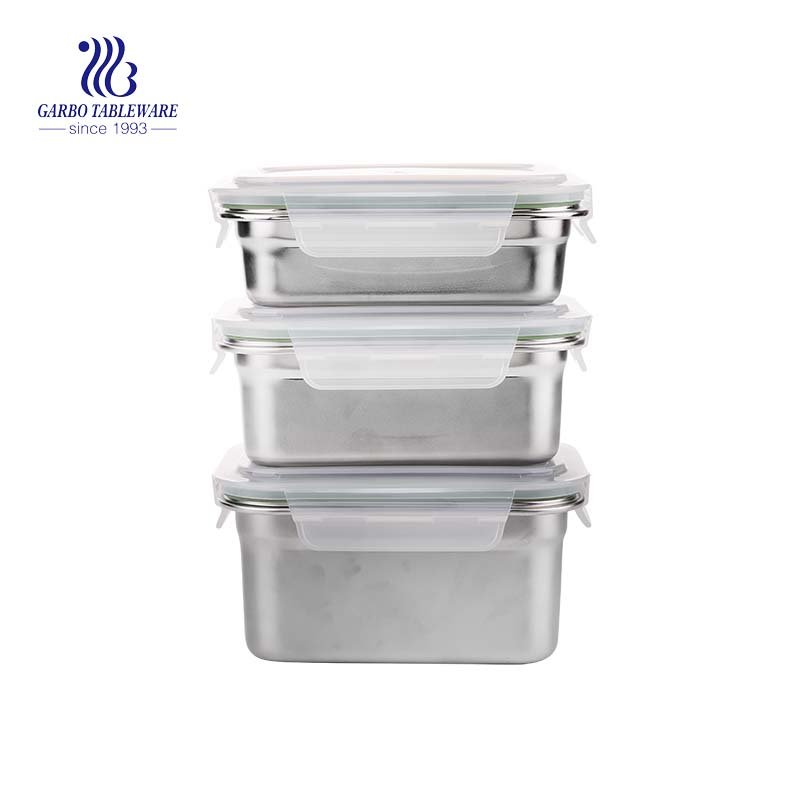 1200ml rectangular stainless steel container with locked plastic lid