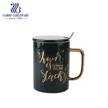 printing black ceramic mug with ceramic cover porcelain cup with gold handle high end European style Coffee mug with stainless steel spoon