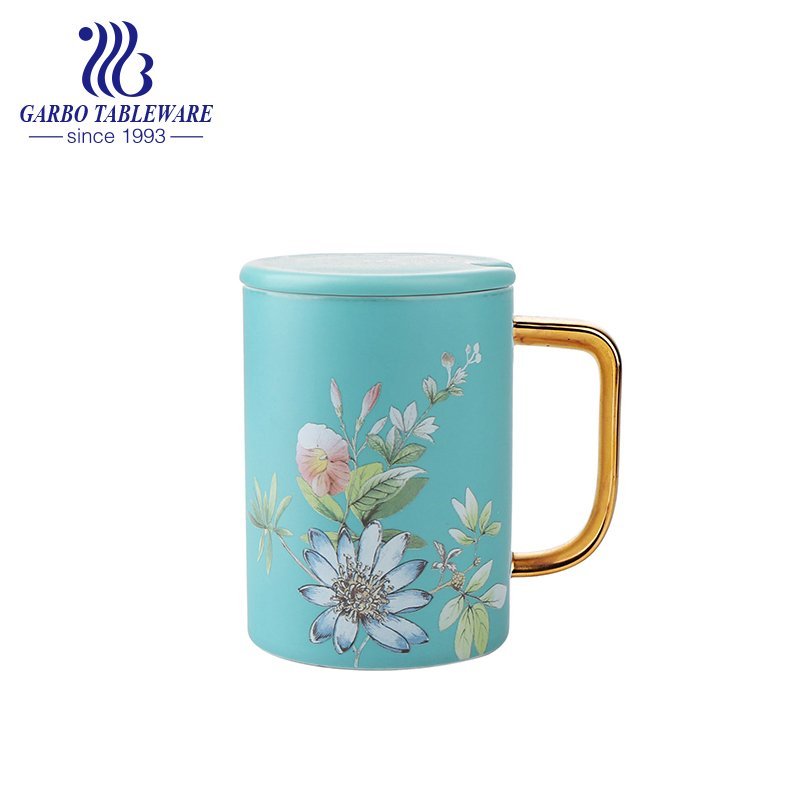 Printed black office coffee drinking mug with spoon inner color glaze ceramic cup porcelain drinkware.