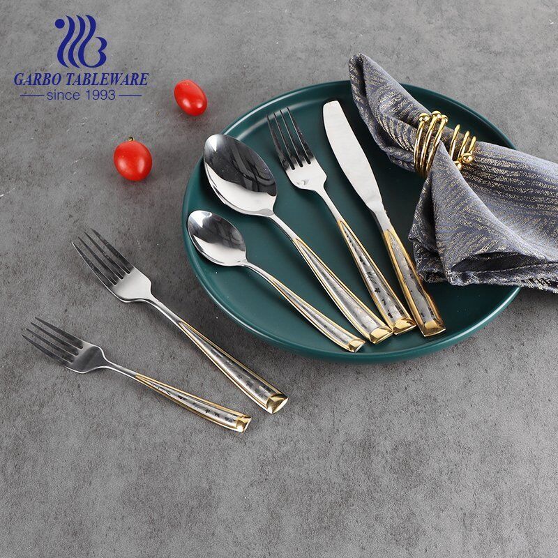 Mirror polished stainless steel fork with golden decor and pattern custom