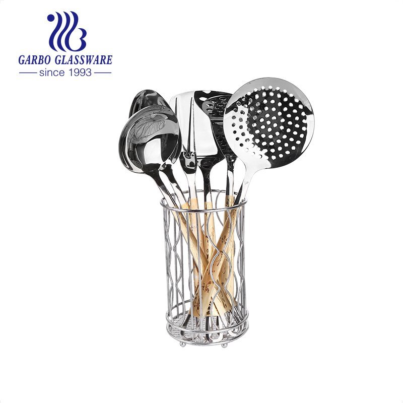 gold plating heat resistant cooking utensils set with golden handle including skimmer, soup ladle, spoon, turner 6pcs kitchen tools