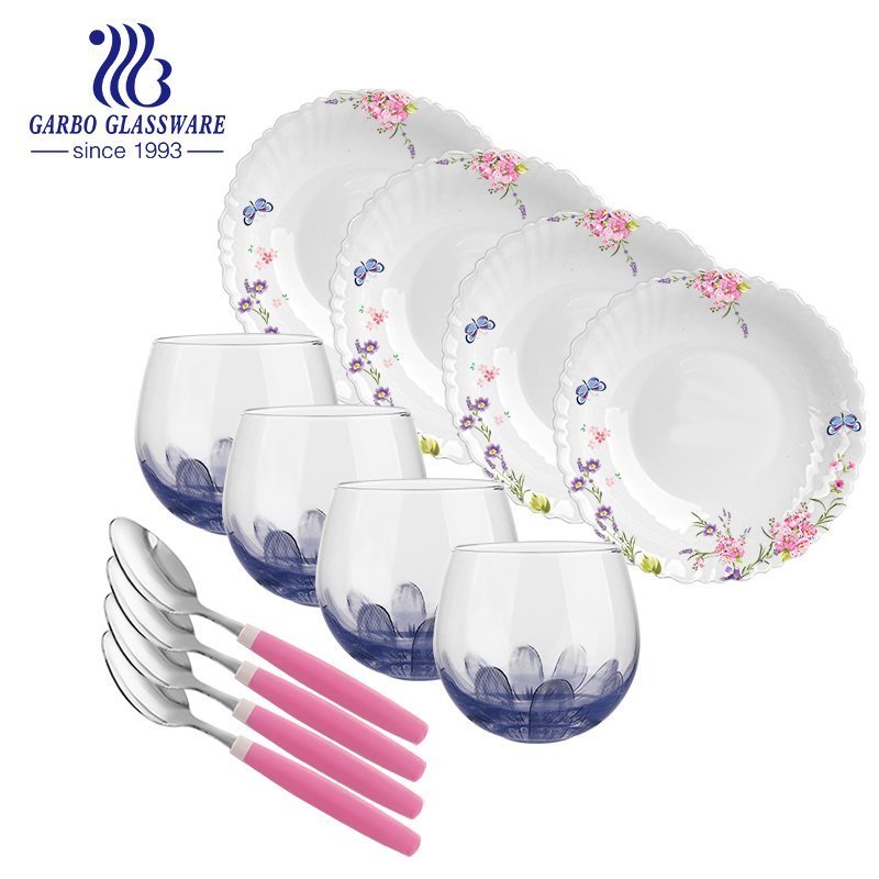 Promotion hammer pattern opal glass dinner bowl and glasses fork set 12pcs for home tableware