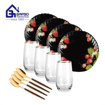 2023 New combined table dinner set of 4 with opal plates water tumblers and gold spoons