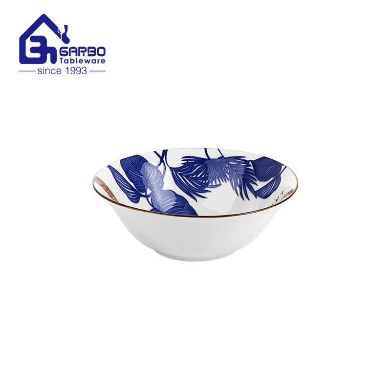 Blue color glaze ceramic dinnerware bowl set custom print new bone china dinner food bowl kitchenware