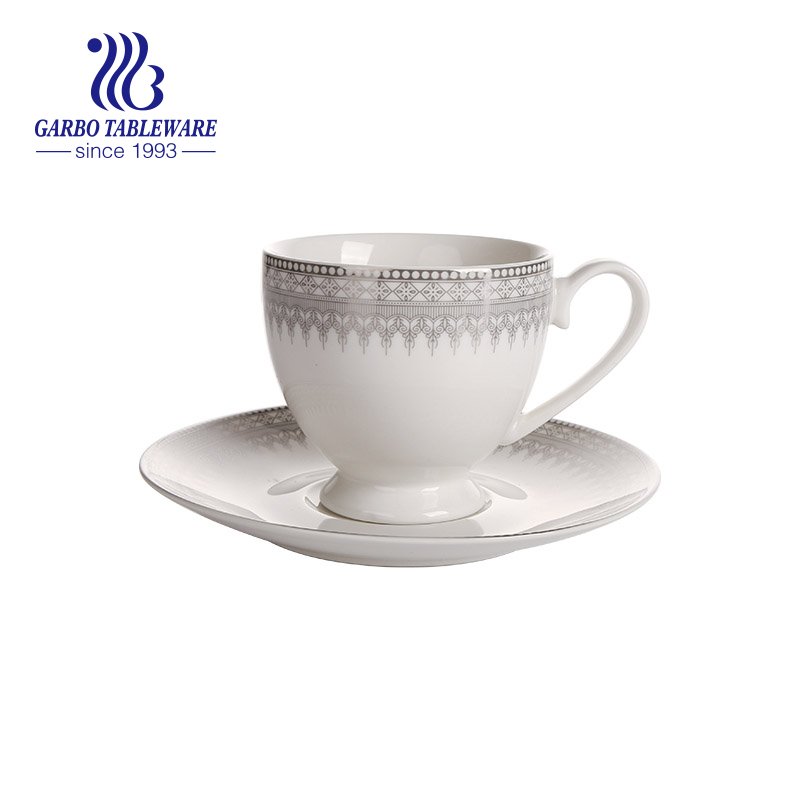 White with color rim ceramic coffee and tea mug set with saucer plate 220ml stoneware mugs sets