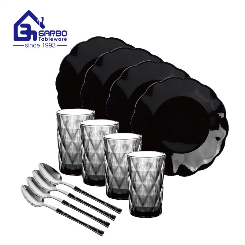 2023 new combined black opalware set with 4 bowls, 4 glasses and 4 spoons