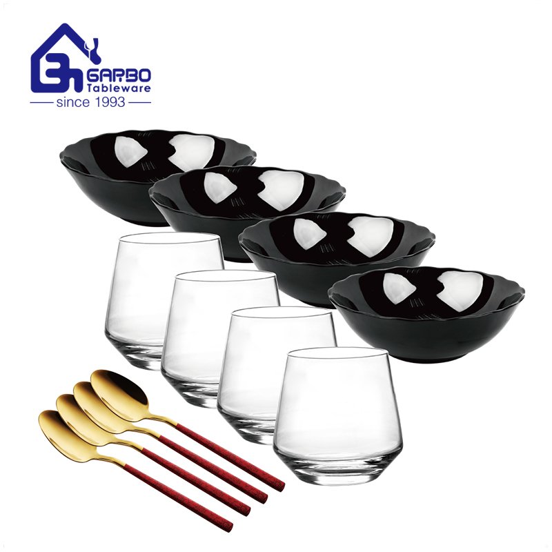 2023 new combined black opalware set with 4 bowls, 4 glasses and 4 spoons