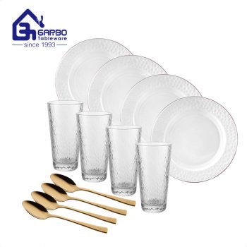 Popular minimalism 12pcs hammer design dinner set opal glass with water tumbler and spoon