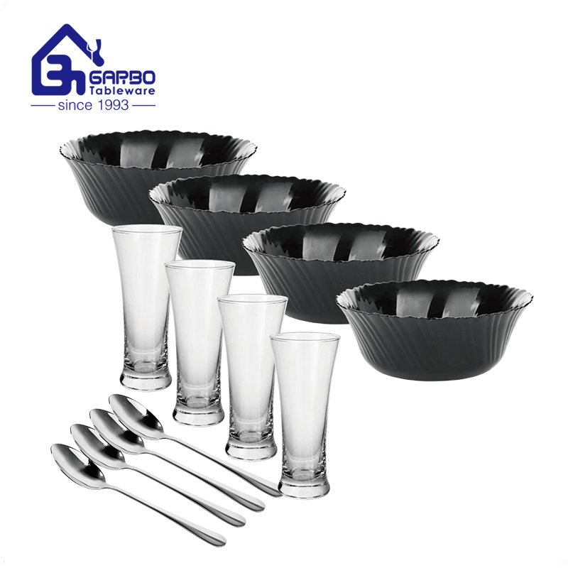 Classic blank 12pcs dinner set black bowl cup spoon for home tableware
