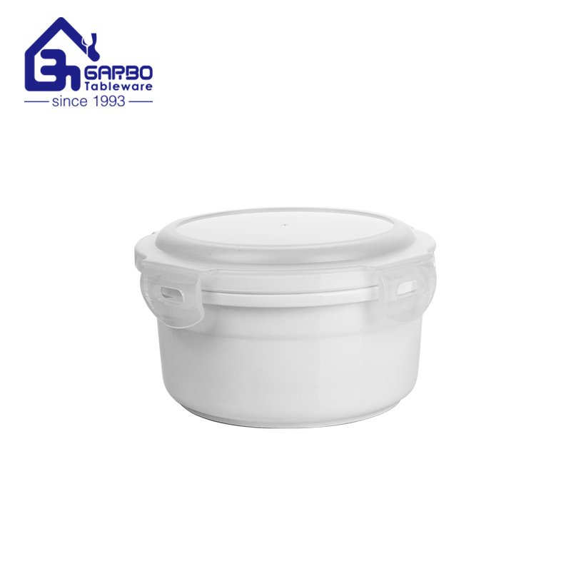 White ceramic food container with lid portable porcelain dinner bowl with cover set